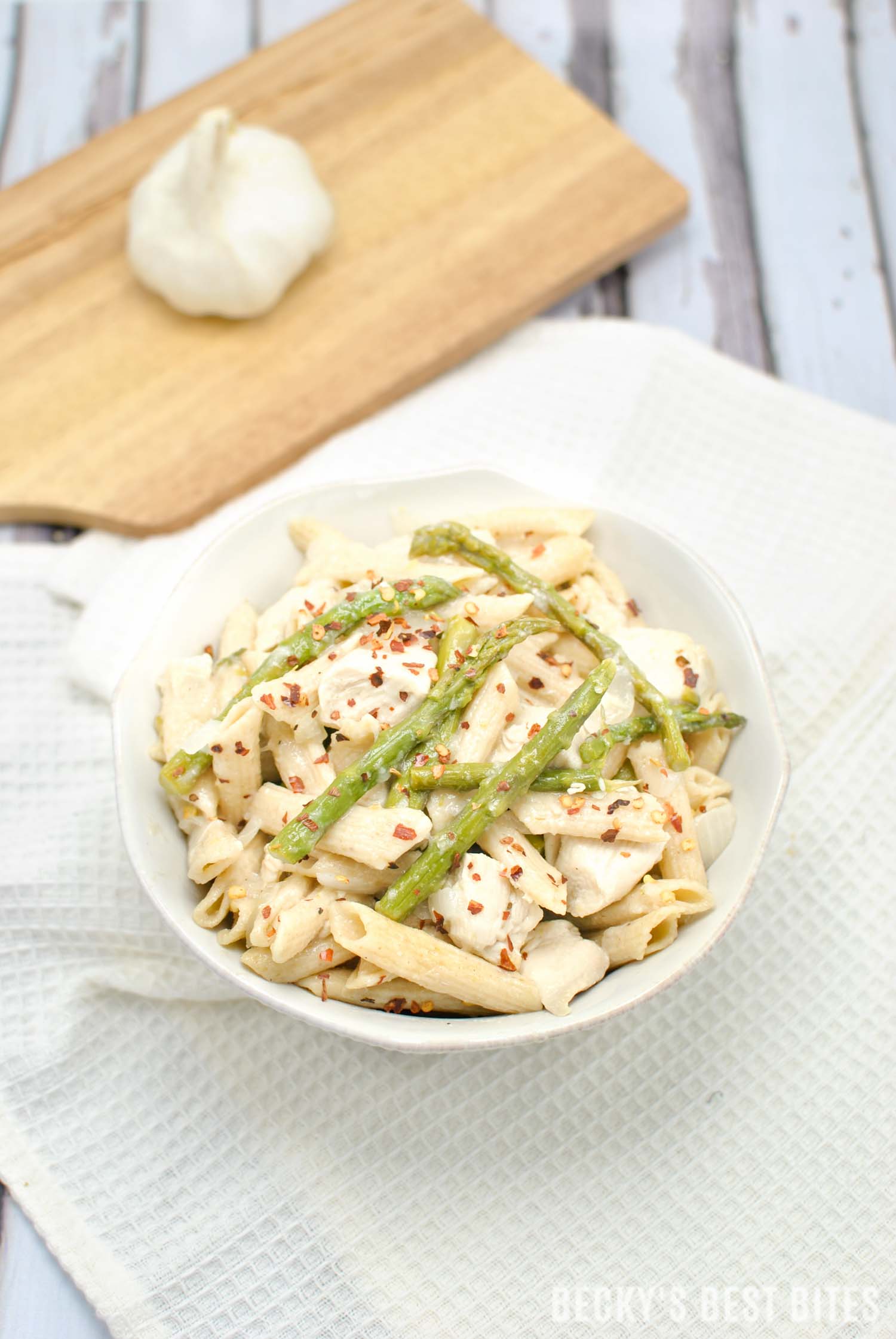 Garlic Chicken and Aspapragus Pasta with Peppercorn Infused Olive Oil