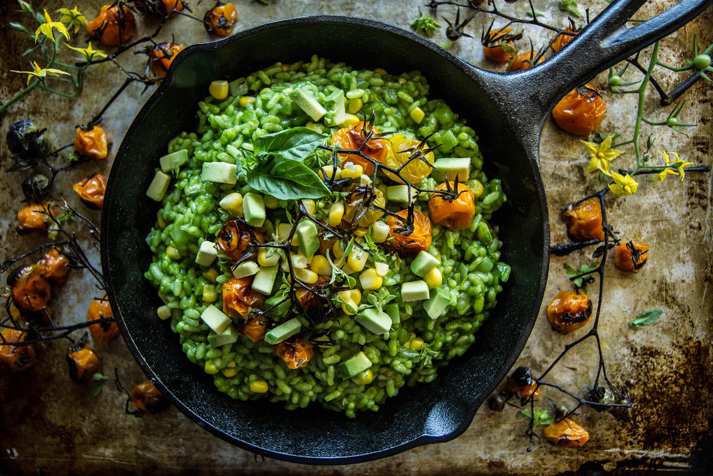 Vegetarian Risotto with Basil Infused Olive Oil